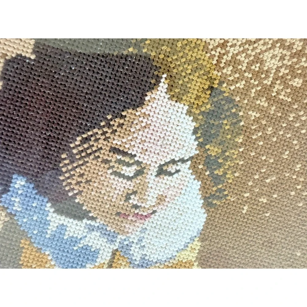 Vintage Framed Needlepoint Young Lady Sewing Cross Stitch Art Gold Frame 10x10